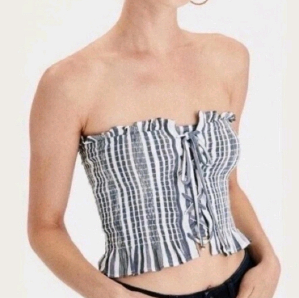 AE Smocked Stripe Tube Top Blue & White Strapless Crop Top Coastal Bandeau Beach